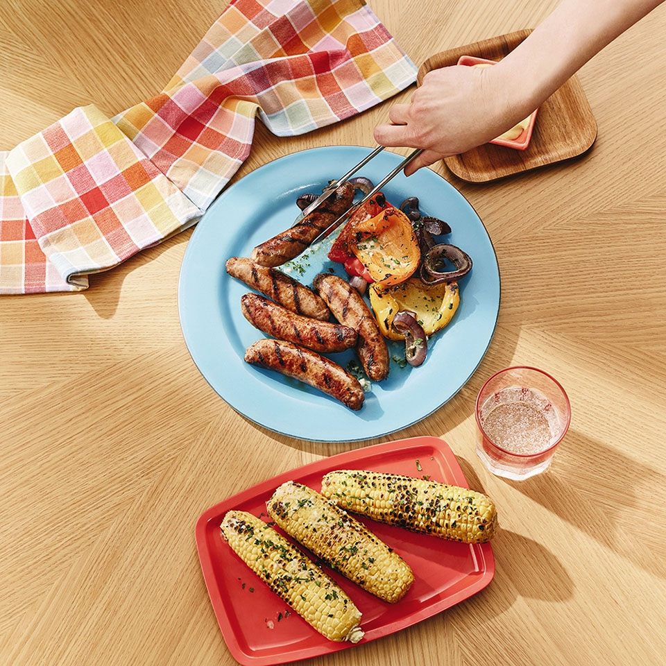 Garlic Butter Grilled Sausages with Grilled Peppers and Corn on Cob