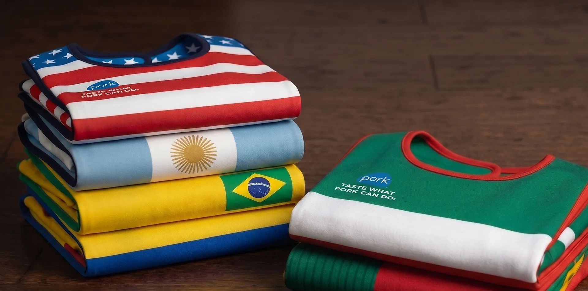two stacks of neatly folded Global Flavors Drip Defender bibs