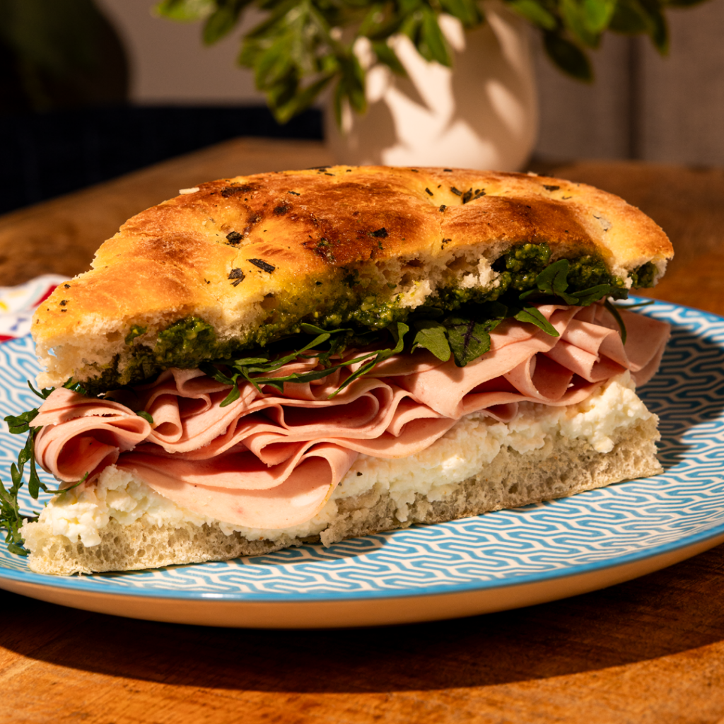 Mortadella Focaccia Sandwich with Stracciatella Cheese